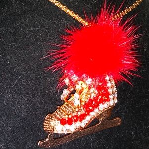 Red and White Crystal Ice Skate with Red Fur Pendant Necklace